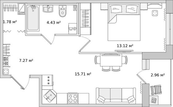 45,3 м², 1-комн. квартира, 6/16 этаж