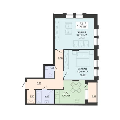 Продажа 2-комнатной квартиры 73,9 м², 4/21 этаж