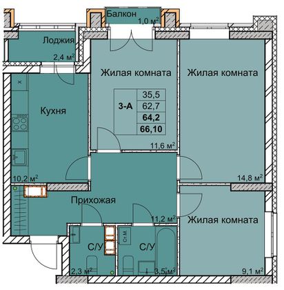 Продажа 3-комнатной квартиры 64,2 м², 3/18 этаж