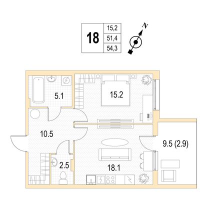 Продажа 1-комнатной квартиры 54,3 м², 3/4 этаж