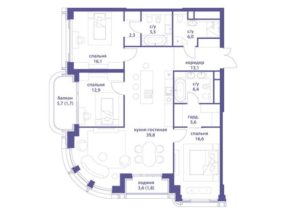 127,8 м², 3-комн. квартира, 4/19 этаж