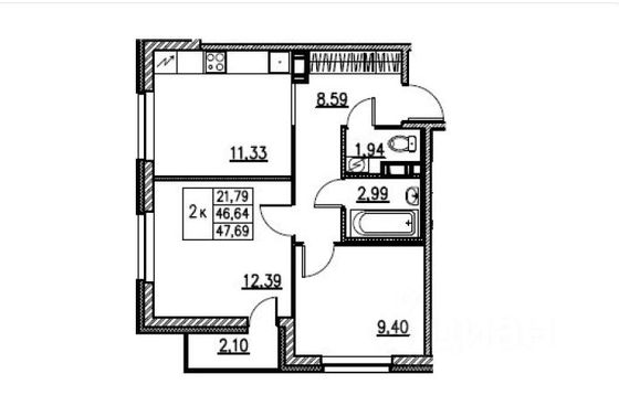 Продажа 2-комнатной квартиры 47,7 м², 3/12 этаж