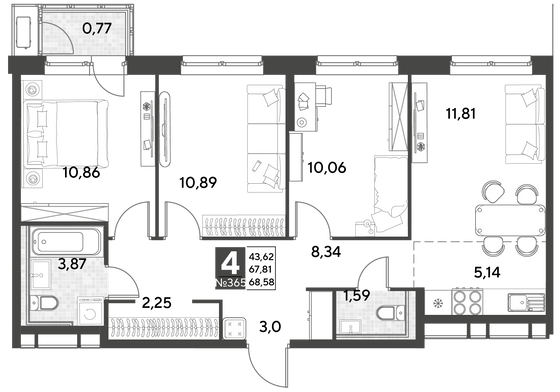 Продажа 4-комнатной квартиры 68,6 м², 23/25 этаж