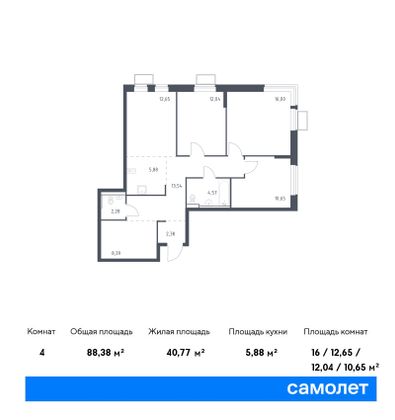 88,4 м², 3-комн. квартира, 6/12 этаж