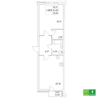 55,1 м², 1-комн. квартира, 5/8 этаж