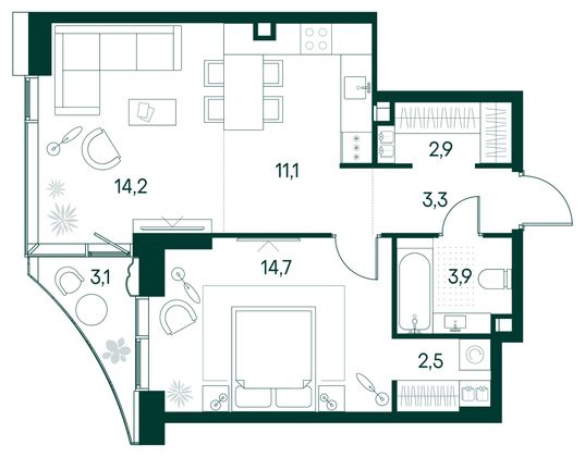 Продажа 1-комнатной квартиры 54,2 м², 2/22 этаж
