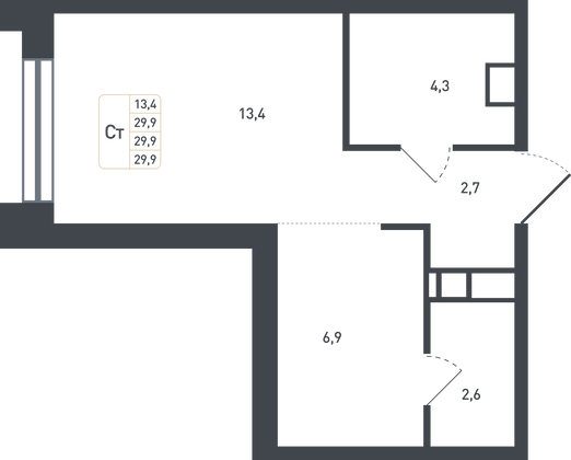 29,9 м², 1-комн. квартира, 1/8 этаж