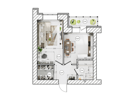 39,3 м², 1-комн. квартира, 1/12 этаж