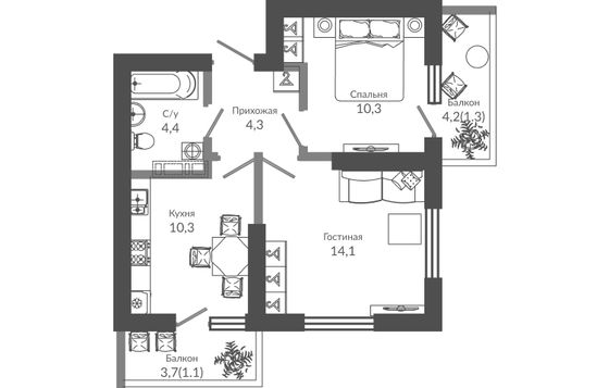 46,1 м², 2-комн. квартира, 2/12 этаж