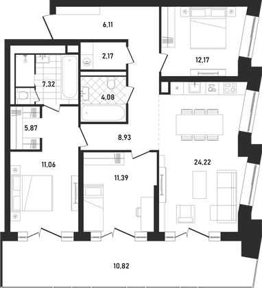 103,8 м², 3-комн. квартира, 3/33 этаж