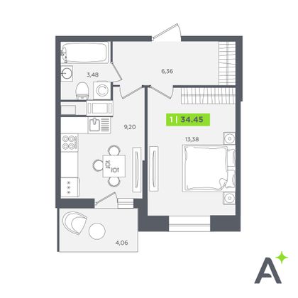 34,5 м², 1-комн. квартира, 11/12 этаж