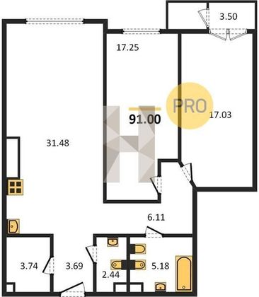 Продажа 2-комнатной квартиры 91 м², 5/9 этаж