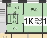 Продажа 1-комнатной квартиры 25,6 м², 1/2 этаж