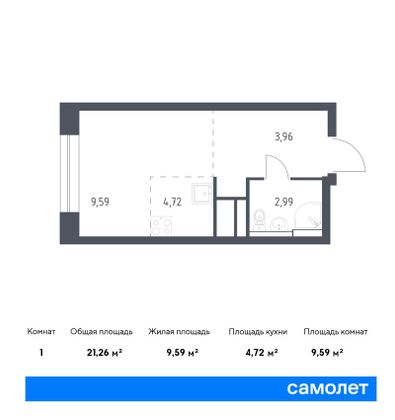 21,3 м², студия, 21/22 этаж