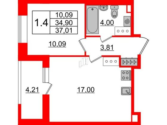 Продажа 1-комнатной квартиры 34,9 м², 14/21 этаж