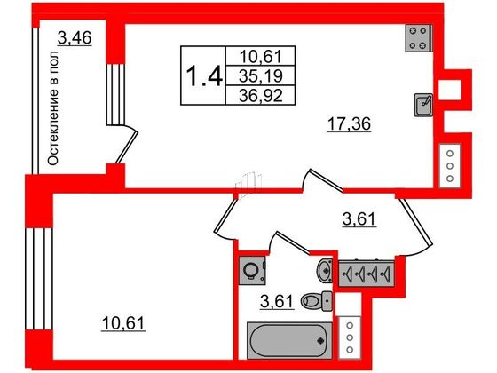 Продажа 1-комнатной квартиры 35,2 м², 3/12 этаж