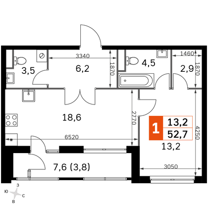 52,7 м², 2-комн. квартира, 43/43 этаж