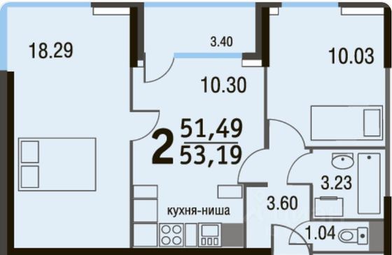 Продажа 2-комнатной квартиры 51,2 м², 2/4 этаж