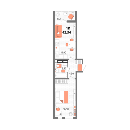 42,3 м², 1-комн. квартира, 7/13 этаж