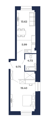 53,5 м², 2-комн. квартира, 1/9 этаж