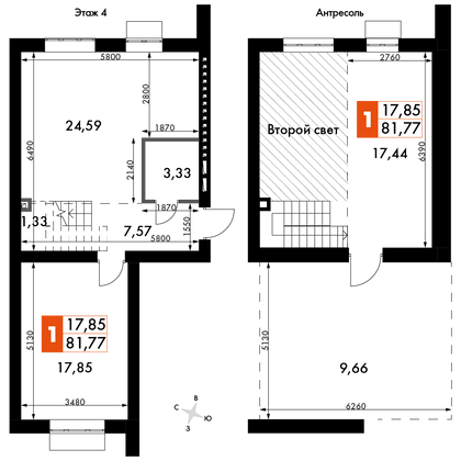 81,8 м², 1-комн. квартира, 4/4 этаж