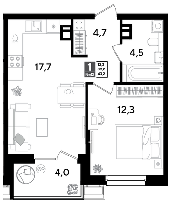 Продажа 1-комнатной квартиры 43,2 м², 6/18 этаж