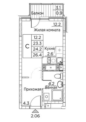 26,4 м², студия, 3/21 этаж