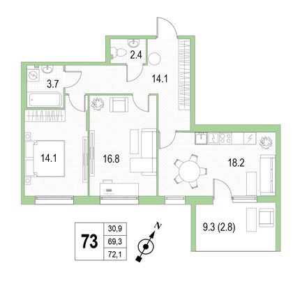 Продажа 2-комнатной квартиры 72,1 м², 2/4 этаж