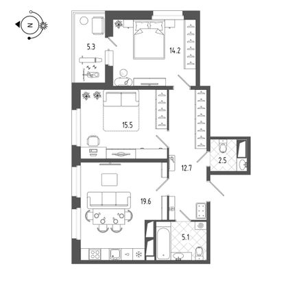 72,2 м², 2-комн. квартира, 18/19 этаж