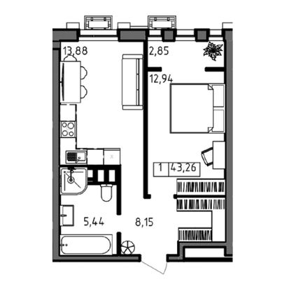 Продажа 1-комнатной квартиры 43,3 м², 13/23 этаж