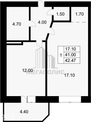 Продажа 1-комнатной квартиры 43,6 м², 2/7 этаж