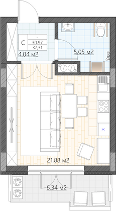 Продажа 1-комнатной квартиры 37,3 м², 2/5 этаж
