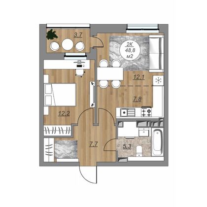 48,8 м², 2-комн. квартира, 10/22 этаж