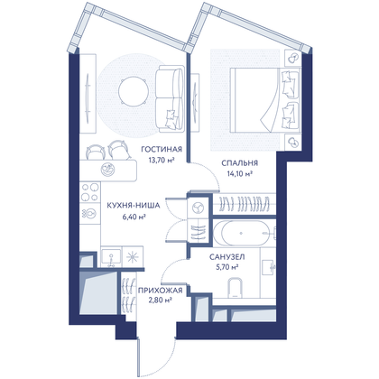 Продажа 1-комнатной квартиры 42,7 м², 4/34 этаж