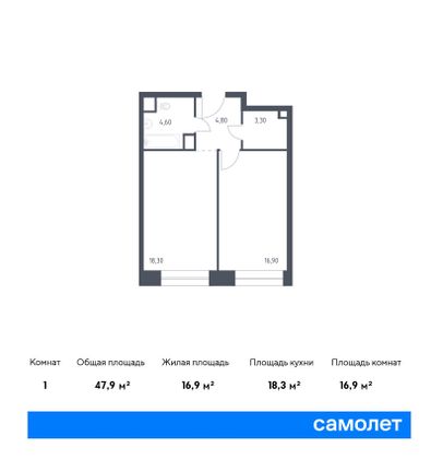 47,9 м², 1-комн. квартира, 10/10 этаж