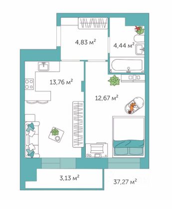 Продажа 1-комнатной квартиры 37,3 м², 4/5 этаж