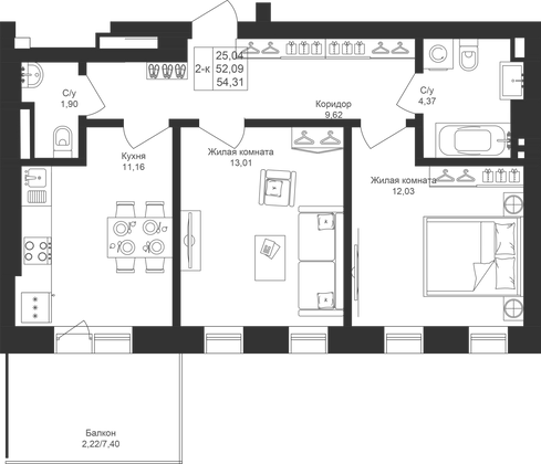 54,3 м², 2-комн. квартира, 4/4 этаж