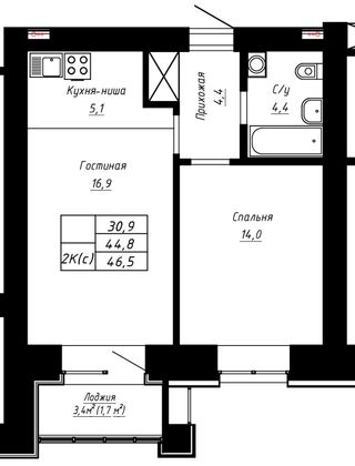 Продажа 2-комнатной квартиры 46,5 м², 2/16 этаж
