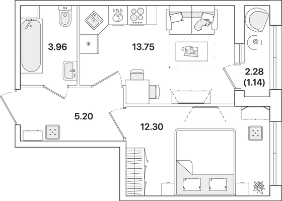 36,3 м², 1-комн. квартира, 1/12 этаж