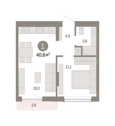 Продажа 1-комнатной квартиры 40,6 м², 3/7 этаж