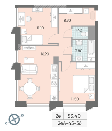 Продажа 2-комнатной квартиры 53,4 м², 36/58 этаж