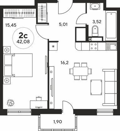 42 м², 2-комн. квартира, 25 этаж
