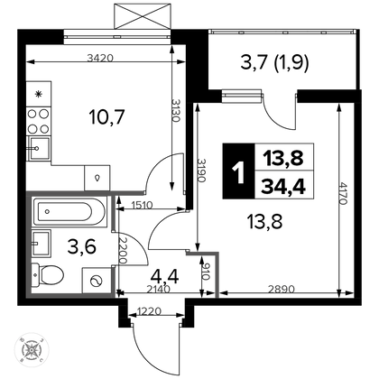 34,4 м², 1-комн. квартира, 10/14 этаж