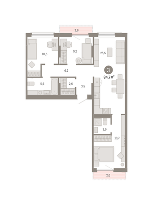 84,7 м², 3-комн. квартира, 6/9 этаж