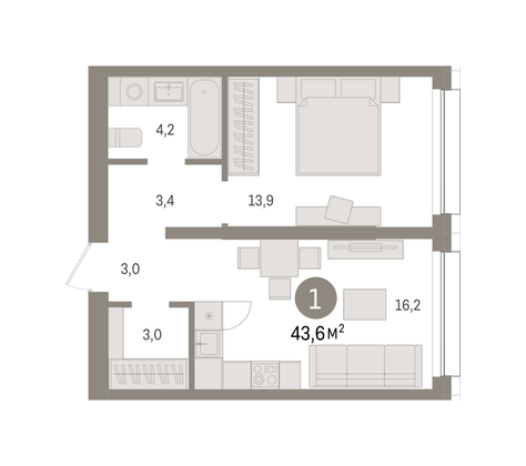 43,6 м², 1-комн. квартира, 2/8 этаж