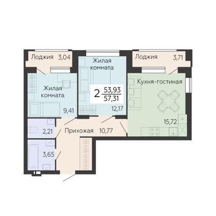 Продажа 2-комнатной квартиры 57,3 м², 2/14 этаж