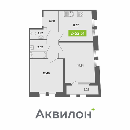 52,3 м², 2-комн. квартира, 2/4 этаж