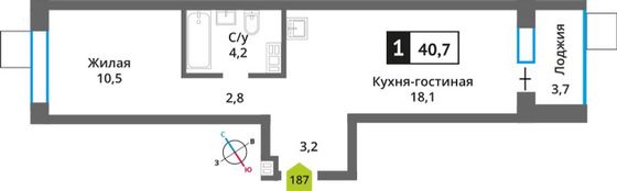 Продажа 1-комнатной квартиры 40,7 м², 2/6 этаж