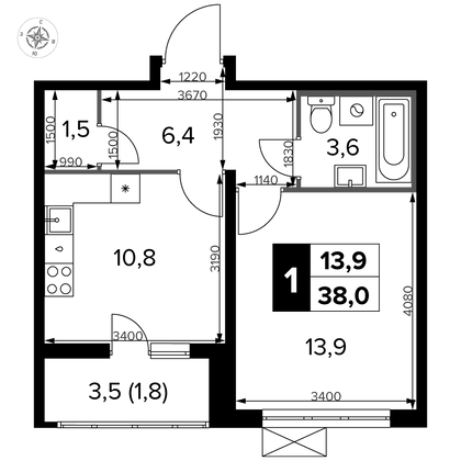 38 м², 1-комн. квартира, 3/23 этаж