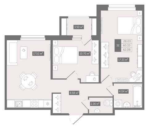 62,1 м², 2-комн. квартира, 2/12 этаж